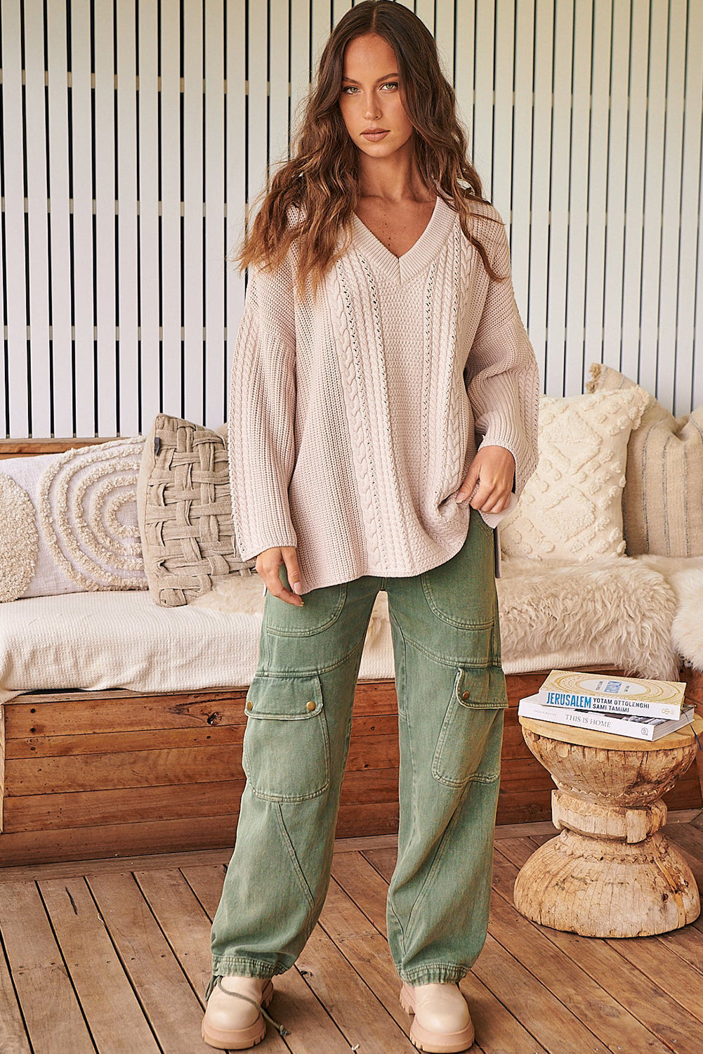 Jet Stream Cable Knit V Neck Side Slits Baggy Sweater