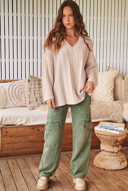Jet Stream Cable Knit V Neck Side Slits Baggy Sweater