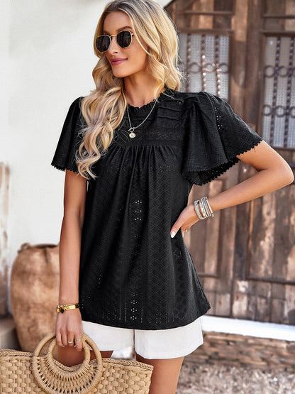 T-Shirts - Casual Solid Color Hollow Round Neck T-Shirt - MsDressly