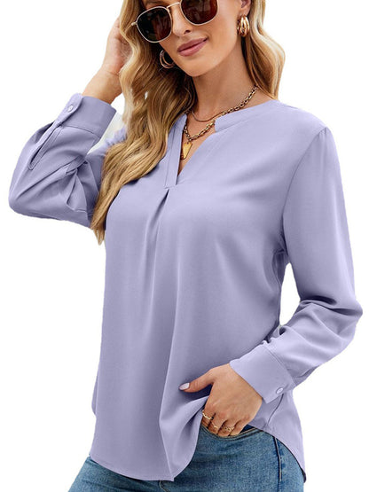 Solid Color Chiffon Loose V-Neck Long Sleeve T-Shirt