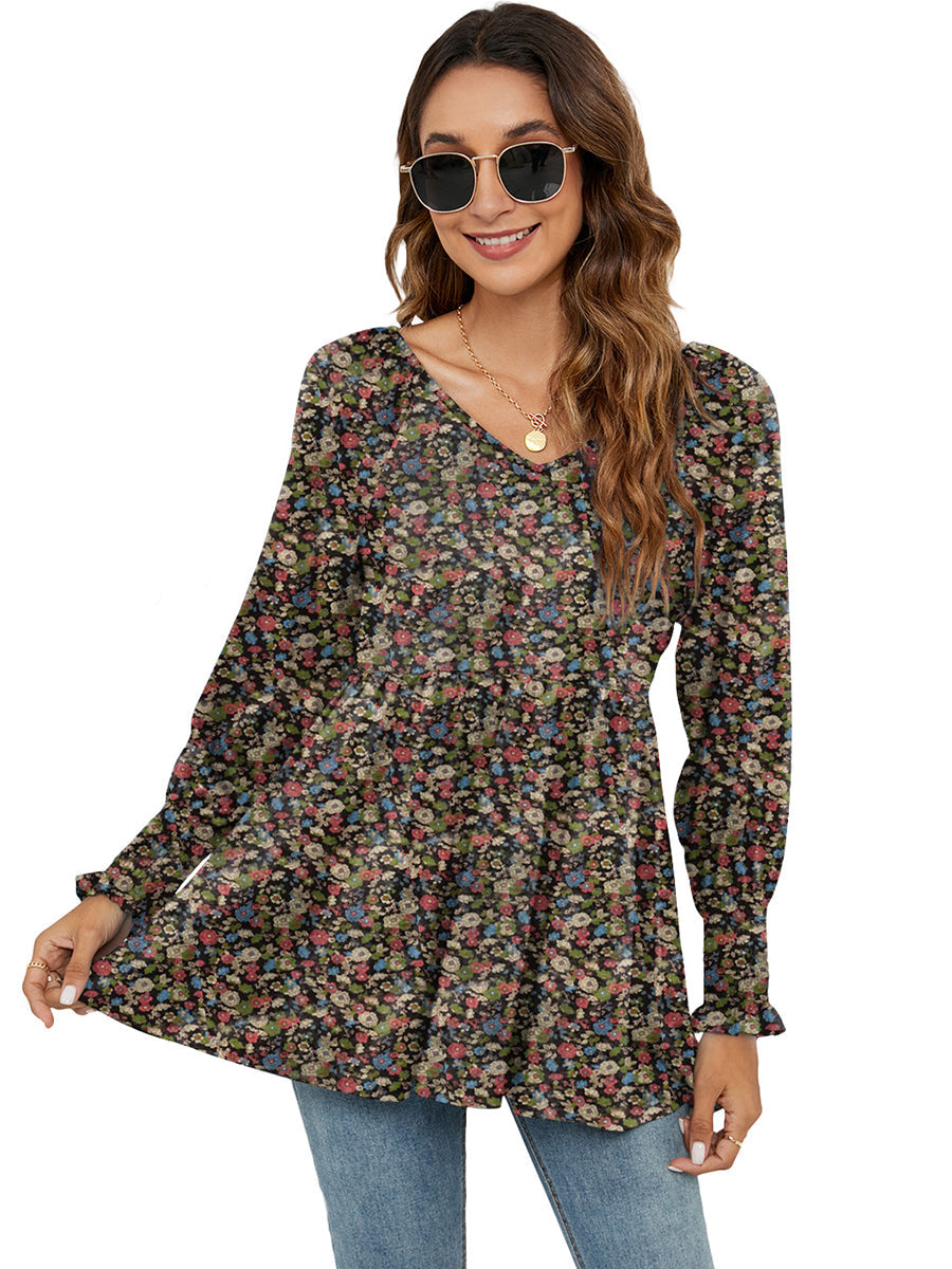 Blouses - Printed Bubble Long-Sleeved Waist Blouse - MsDressly