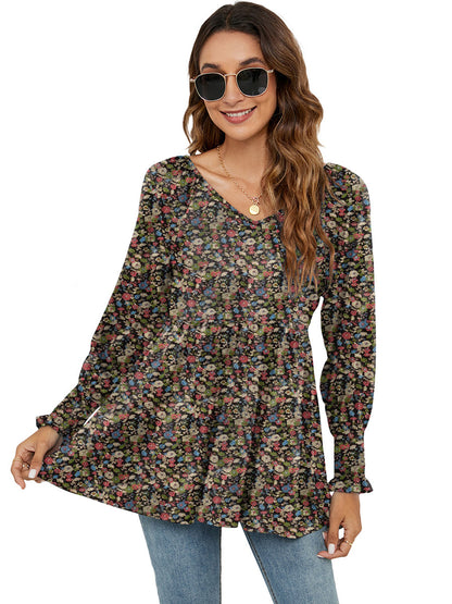 Blouses - Printed Bubble Long-Sleeved Waist Blouse - MsDressly