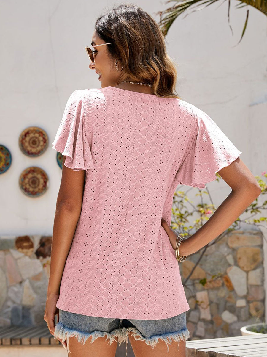 T-Shirts - Hollow Ruffle Sleeve Casual Round Neck T-Shirt - MsDressly