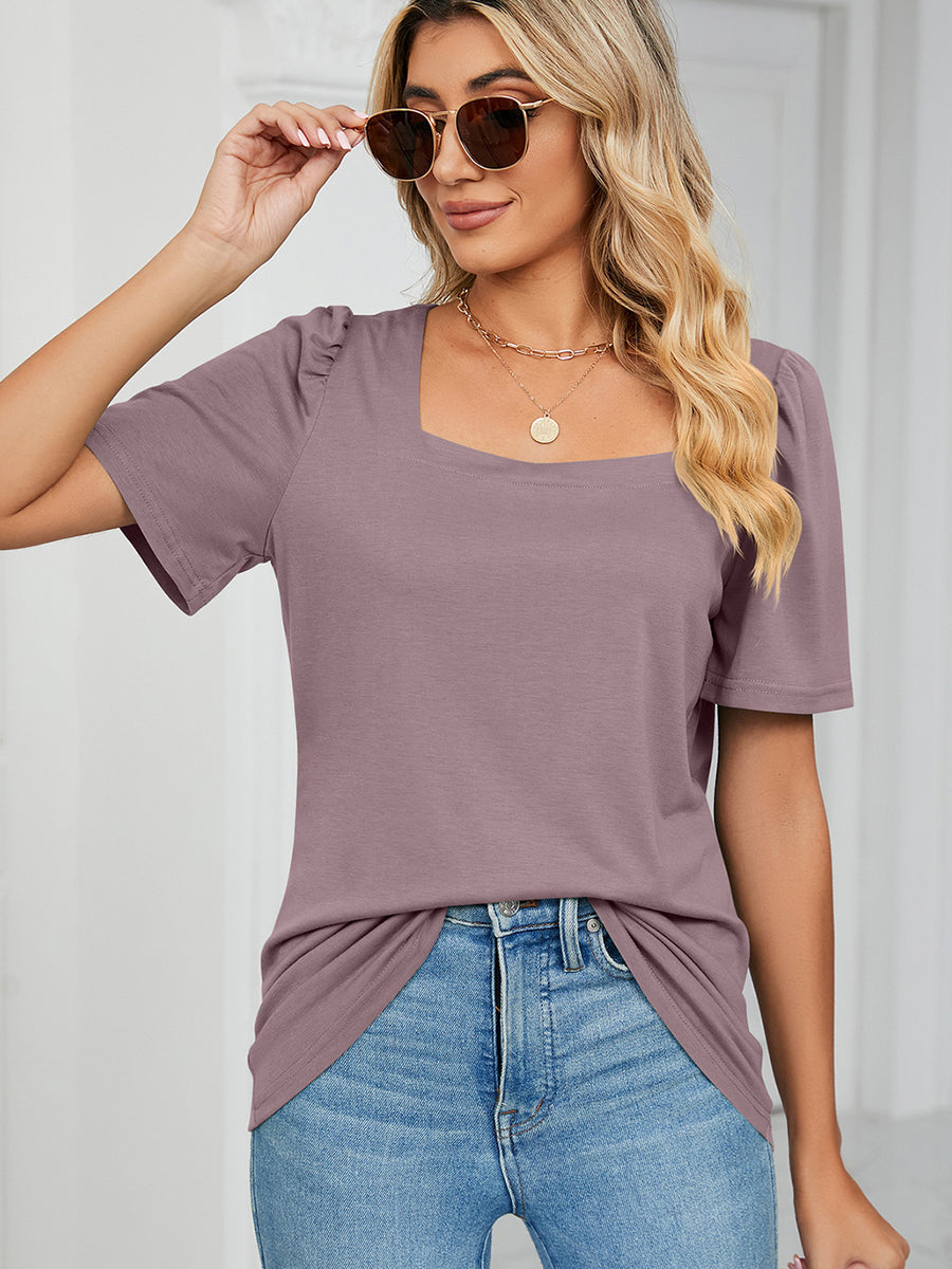 T-Shirts - Solid Square Neck Short Sleeve Loose T-Shirt - MsDressly