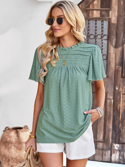 T-Shirts - Casual Solid Color Hollow Round Neck T-Shirt - MsDressly