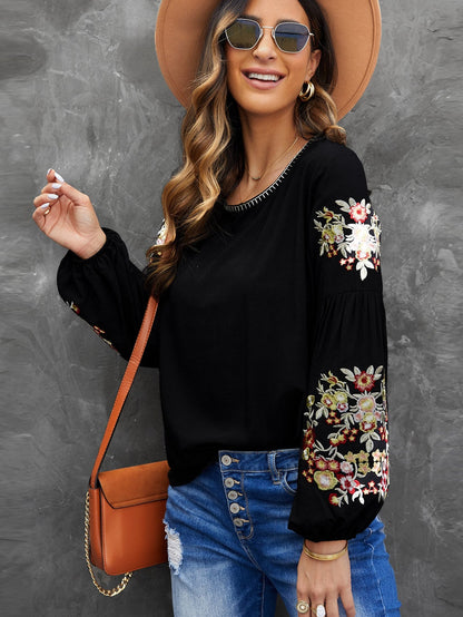 Elegant Floral Embroidered Black Top