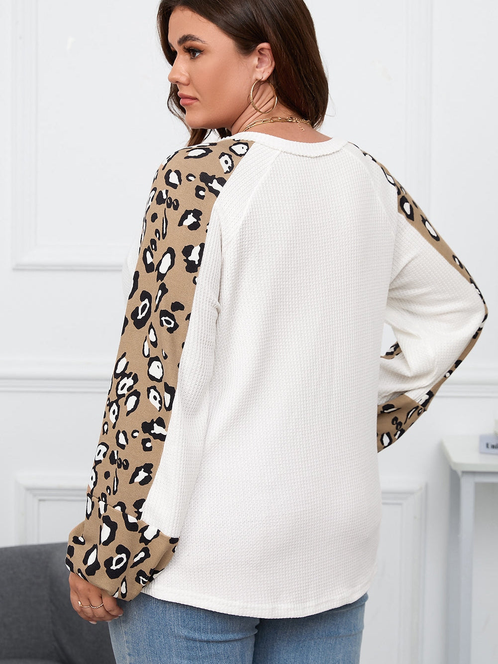 Beige Printed Plus Size Waffle Knit Contrast Leopard Long Sleeve Top