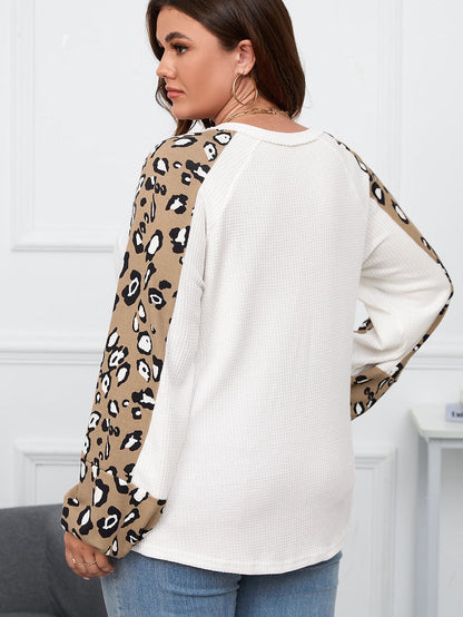 Beige Printed Plus Size Waffle Knit Contrast Leopard Long Sleeve Top
