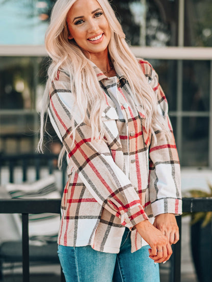 Khaki Plaid Print Sheath Button-Up Coat with Pockets