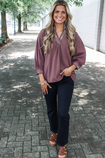 Dark Brown Contrast Leopard Trim Bracelet Sleeve V Neck Textured Top