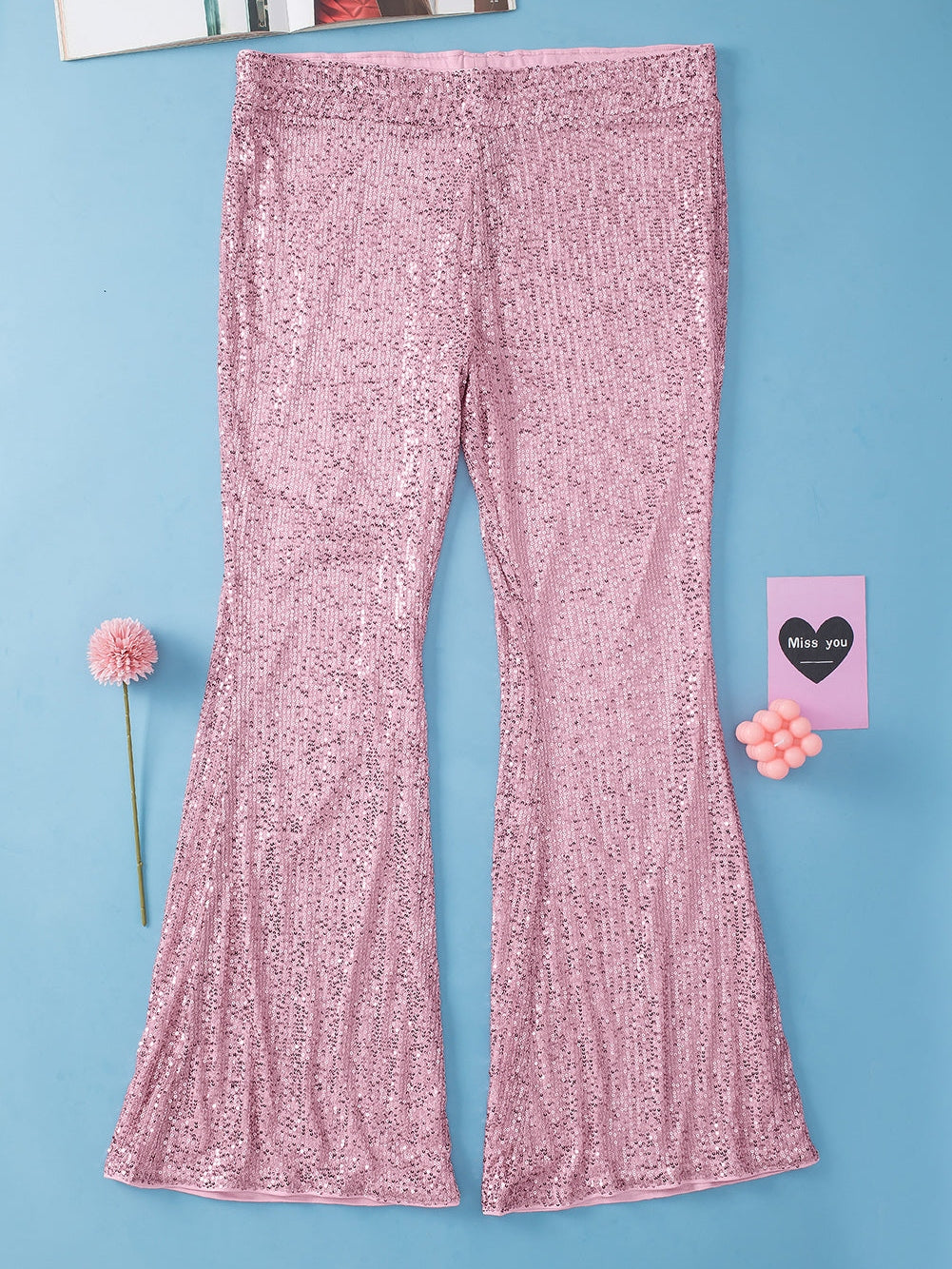 Pink Sparkling Sequin Plus Size Flare Trousers