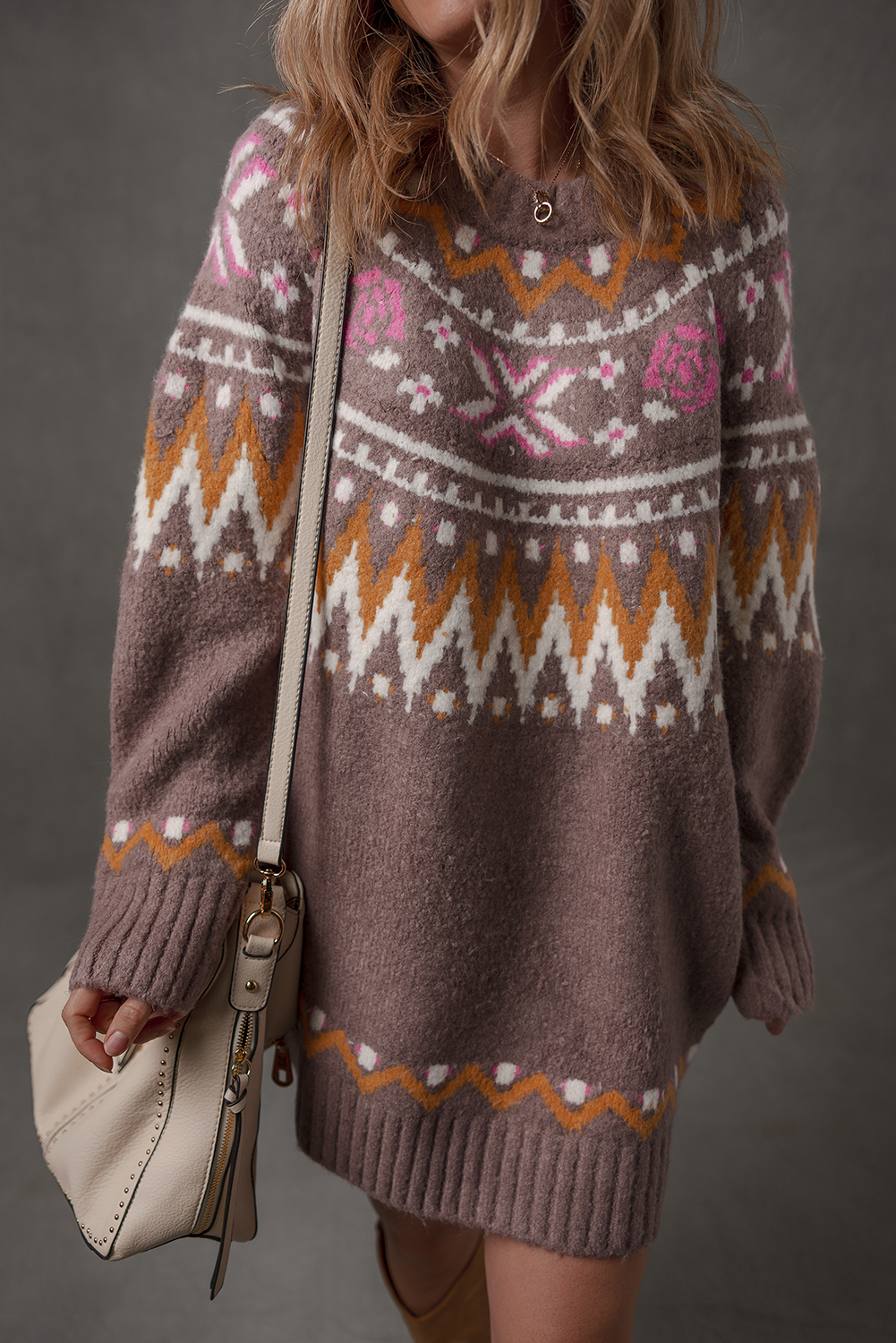 Brown Tribal Pattern Knitted Ribbed Edge Crew Neck Sweater Dress