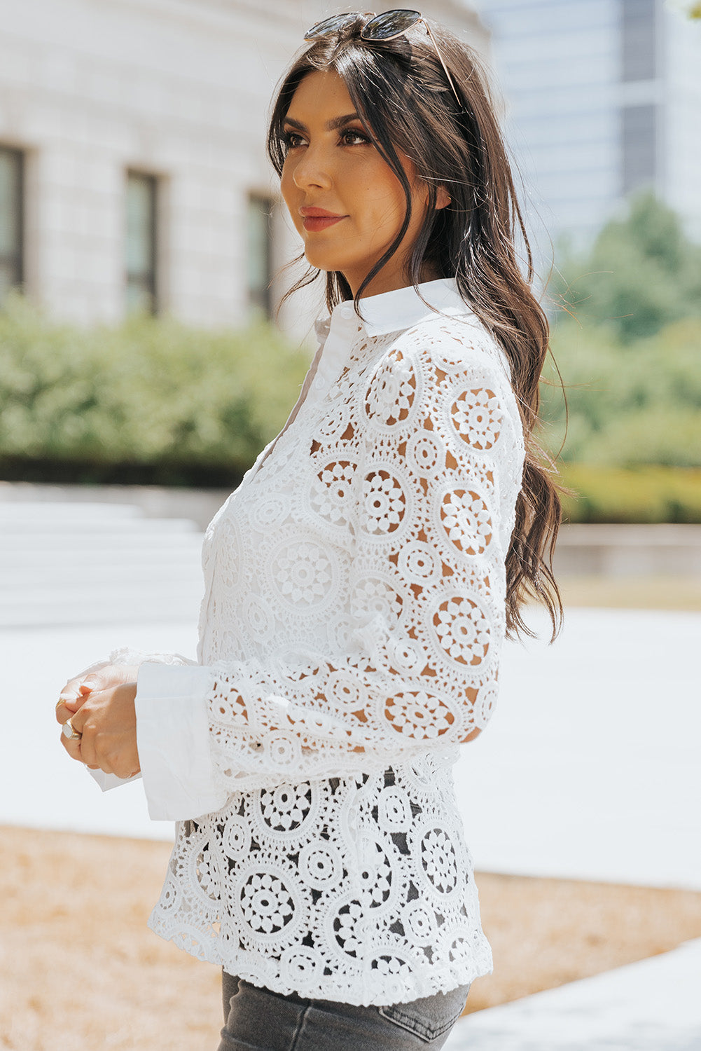 Elegant White Crochet Lace Button-Up Shirt with Turn-down Collar
