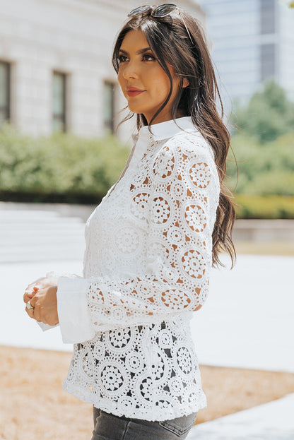Elegant White Crochet Lace Button-Up Shirt with Turn-down Collar