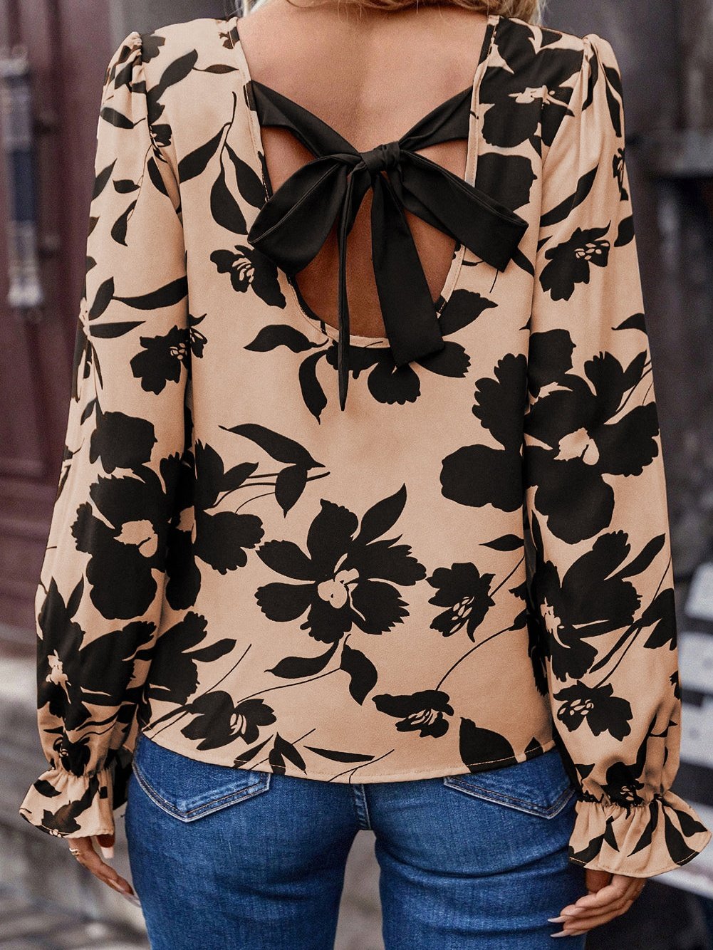 Khaki Floral Flounce Sleeve Back Knot Detail Blouse