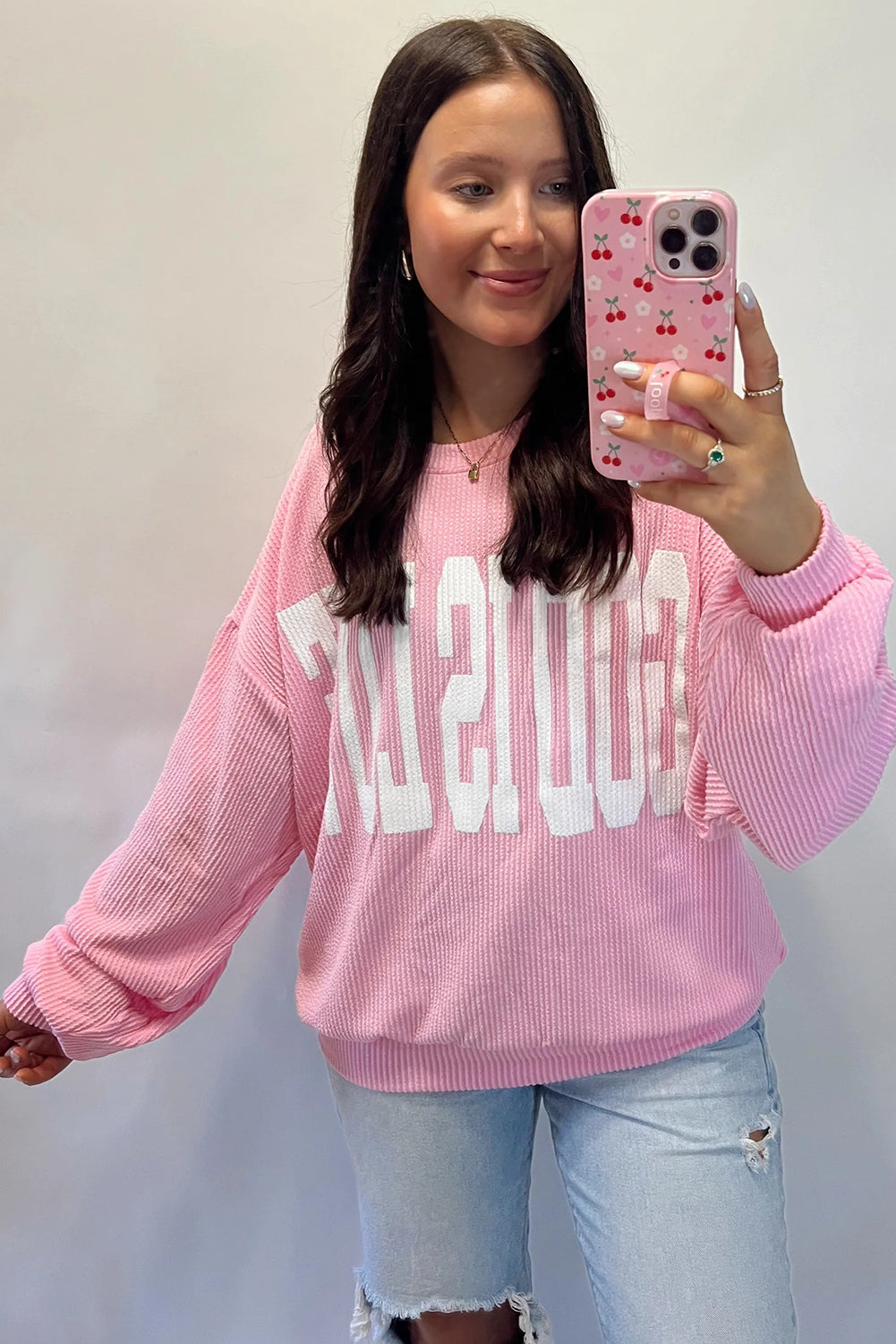 Pink GOD IS LOVE/ SAVED BY GRACE Letter Print Twisted Ribbed Loose Top