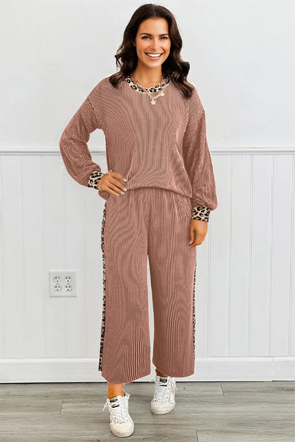 Straw Yellow Twisted Rib Texture Leopard Patchwork Detail 2pcs Pant Set