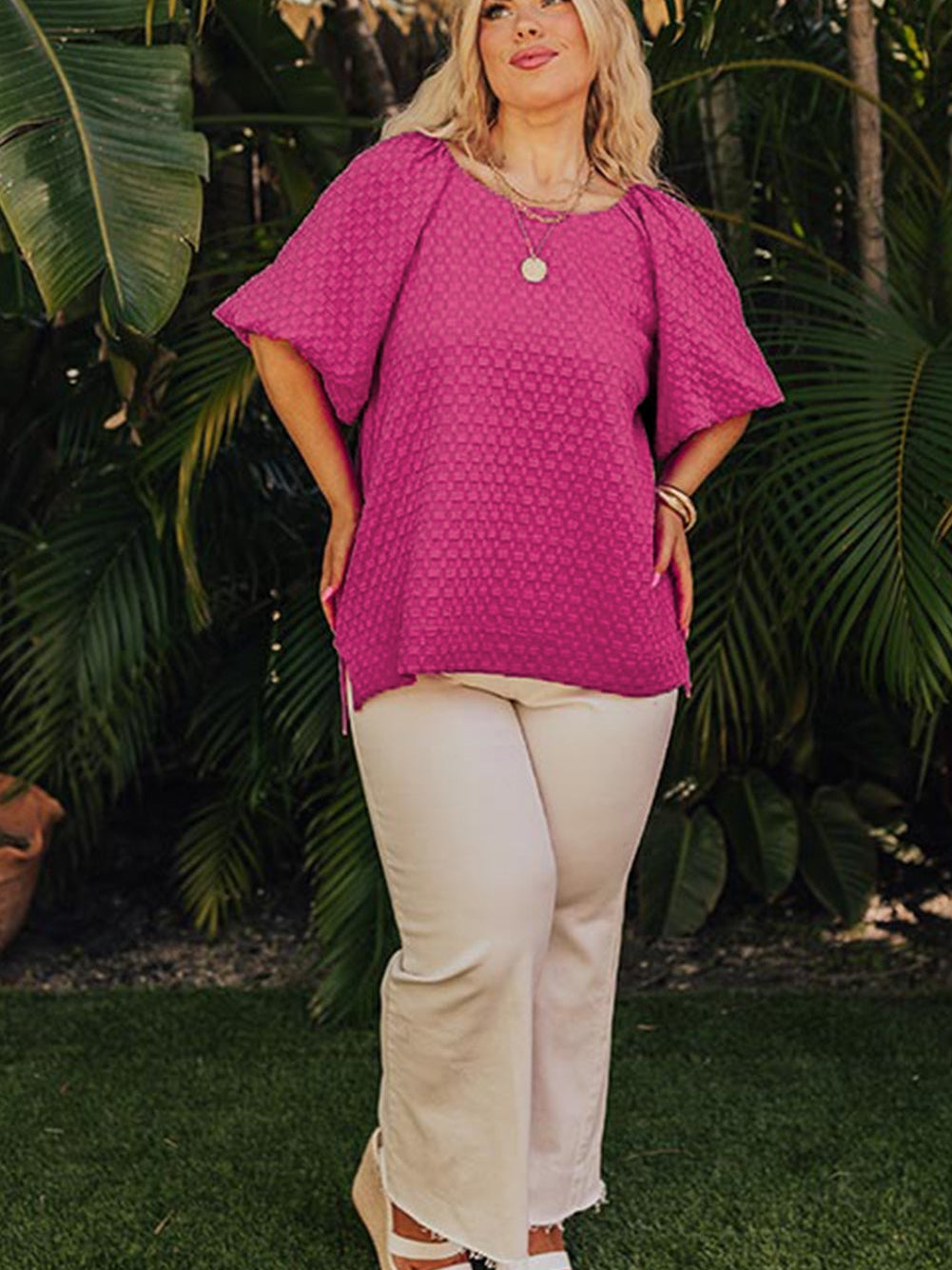 Coral Paradise Solid Textured Bubble Sleeve Plus Size Blouse
