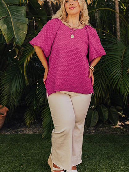 Coral Paradise Solid Textured Bubble Sleeve Plus Size Blouse