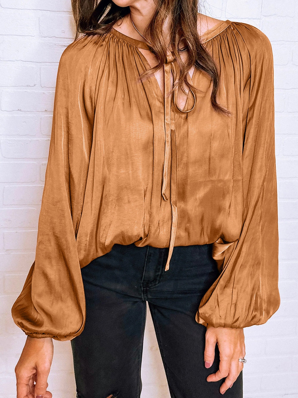 Graceful Camel Satin Pleated V Neck Puff Sleeve Blouse