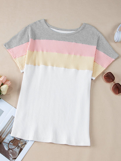 Trendy White Colorblock Patchwork Batwing Sleeve Ribbed Plus T-Shirt