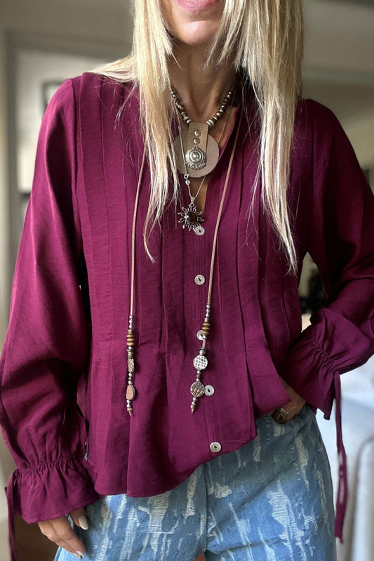 Violet Pintuck Buttoned Front Decor Ruffled Sleeve Loose Blouse