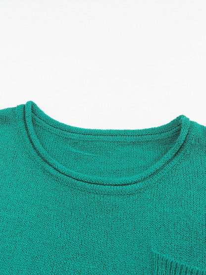 Green Rib Knit Off Shoulder Sweater with Chest Pocket