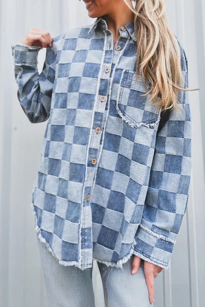 Sky Blue Checkered Denim Raw Edge Loose Shacket