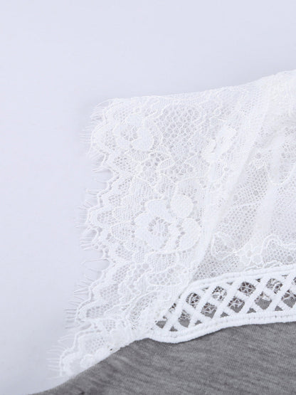 Gray Knit Lace Detail Cap Sleeve Top