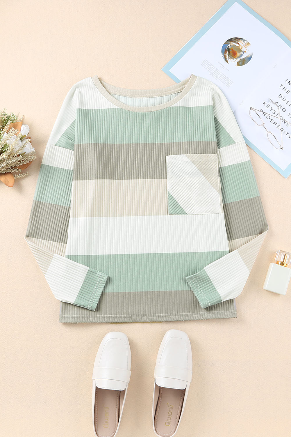 Green Striped Ribbed Long Sleeve Top with Chest Pocket