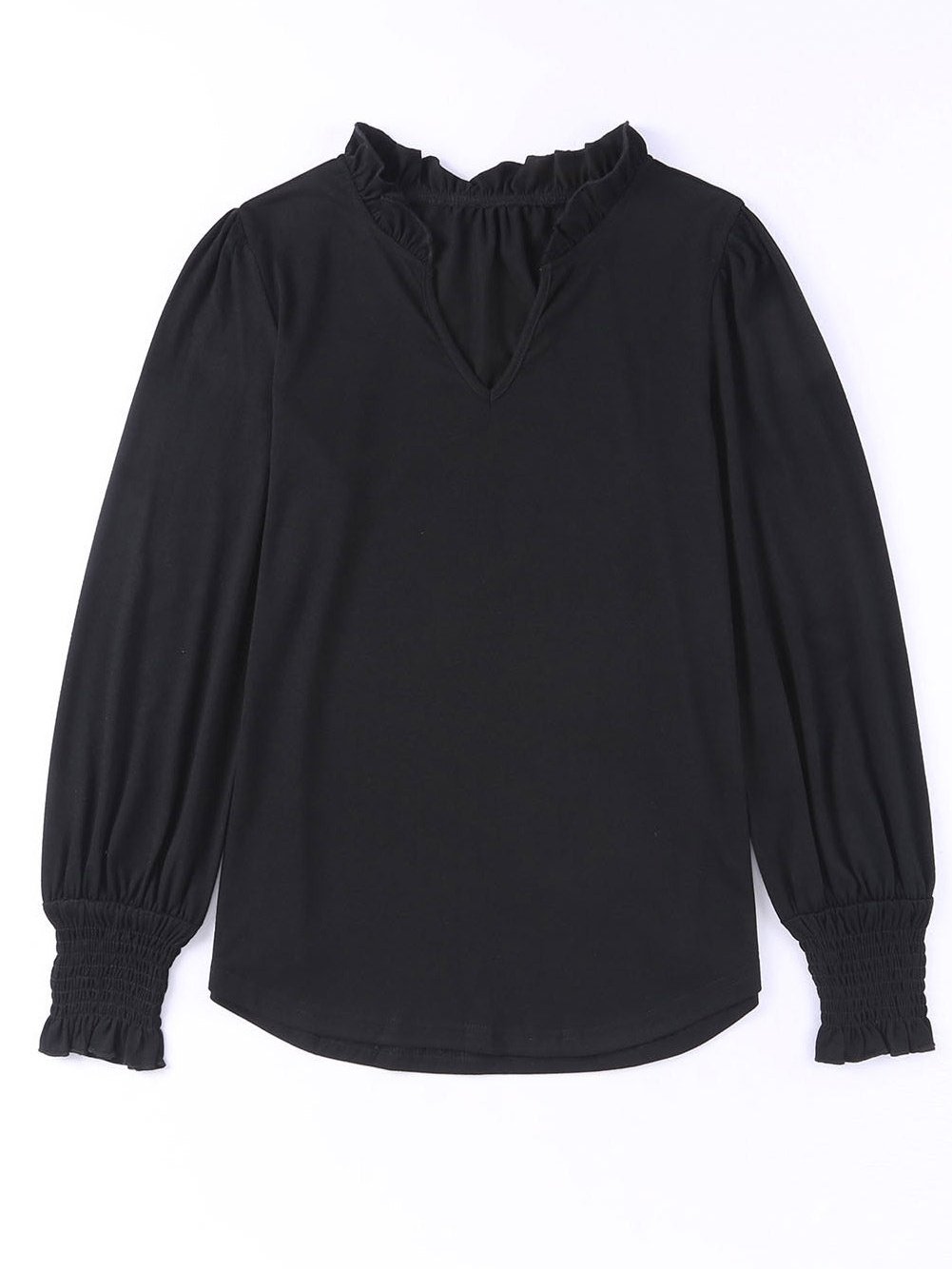 Elegant Black V Neck Top with Puff Long Sleeves