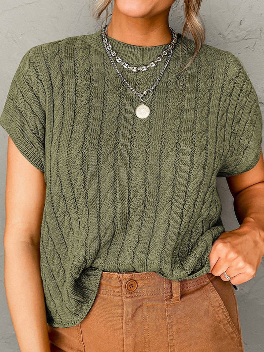 Green Jungle Cable Knit Short Sleeve Sweater with Crew Neck