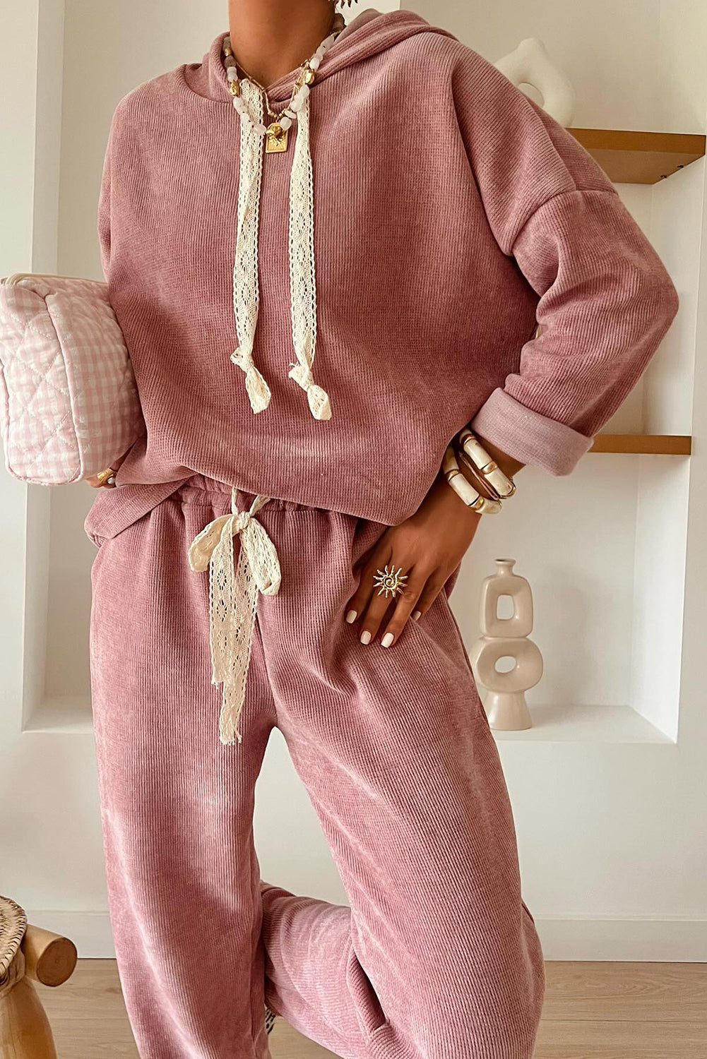 Rose Tan Lace/Leopard Drawstring Pullover Hoodie and High Waist Pants Corduroy Suit