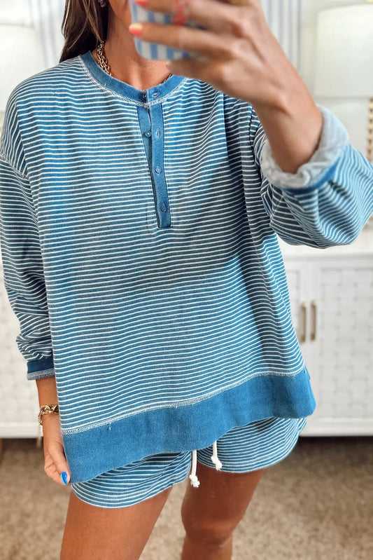Blue Stripe Seam Detail Button Neck Loose Pullover Drawstring Short Set