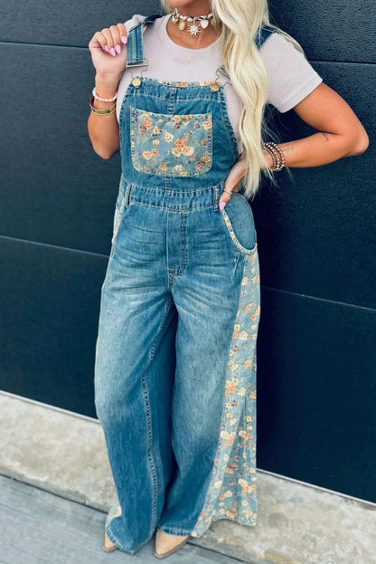 Peacock Blue Floral Patchwork Bib Denim Wide Leg Overalls