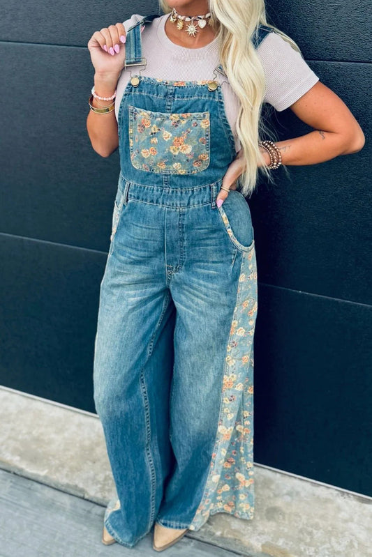 Peacock Blue Floral Patchwork Bib Denim Wide Leg Overalls