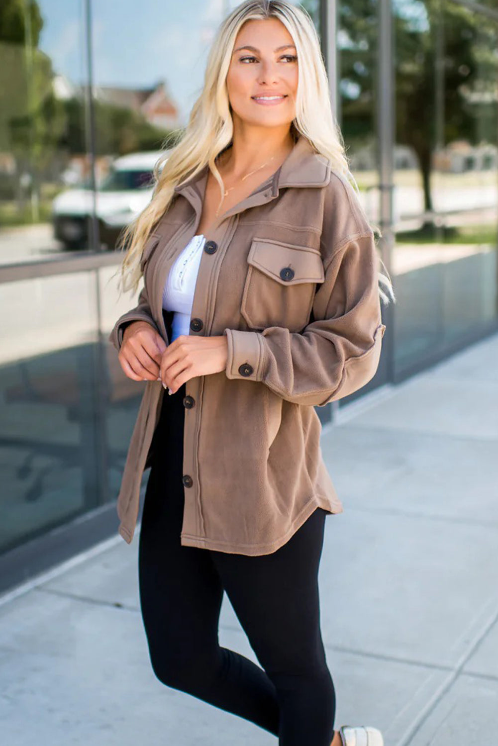 Dark Khaki Solid Color Exposed Seam Patchwork Button Down Fleece Shacket