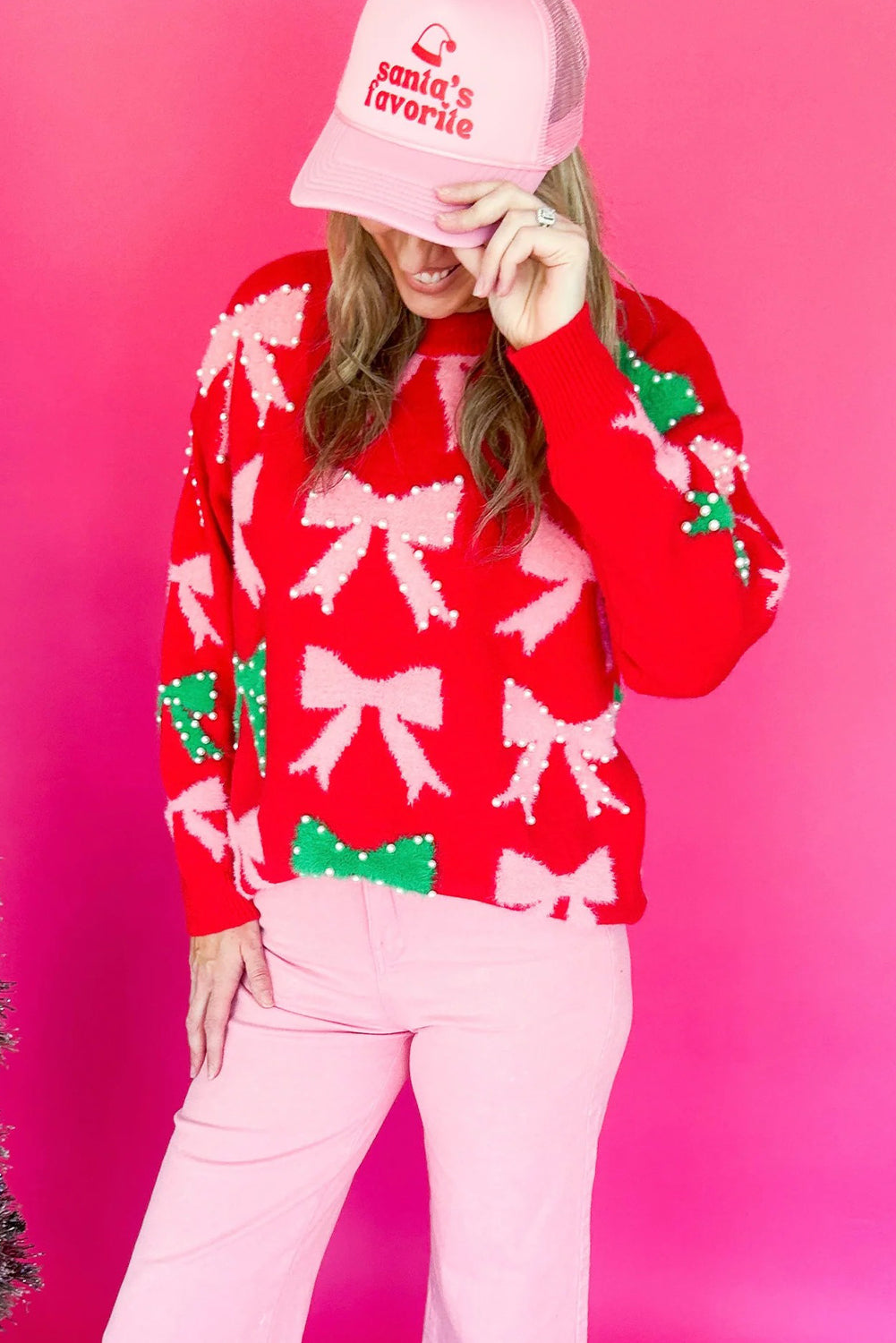 Fiery Red Bow Pearl Christmas Sweater