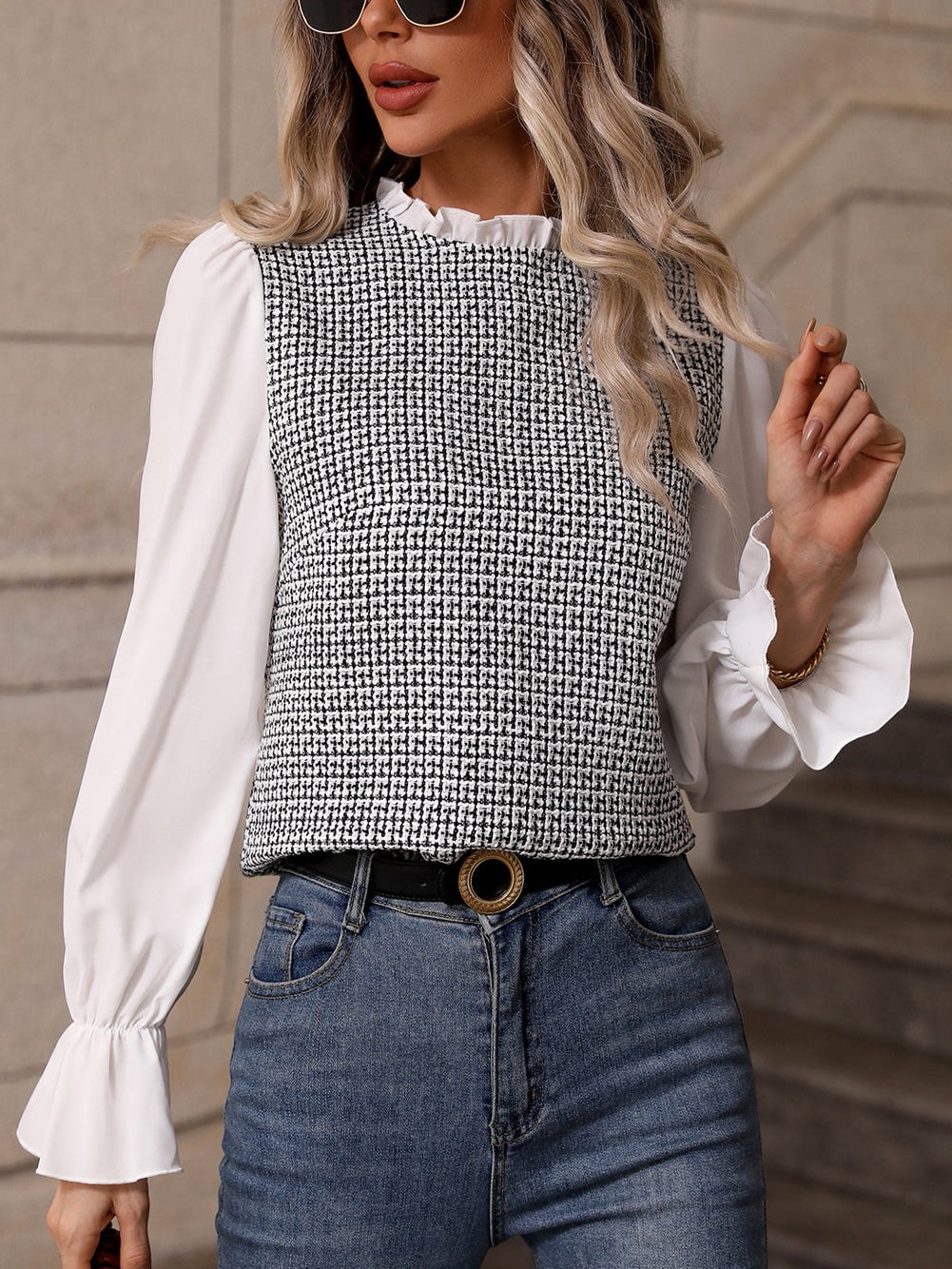 Elegant Black Tweed Top with Frill Neck and Flounce Sleeves