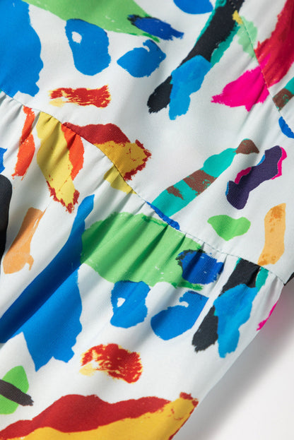 Green Abstract Print Notch Neck Bubble Sleeve Plus Dress