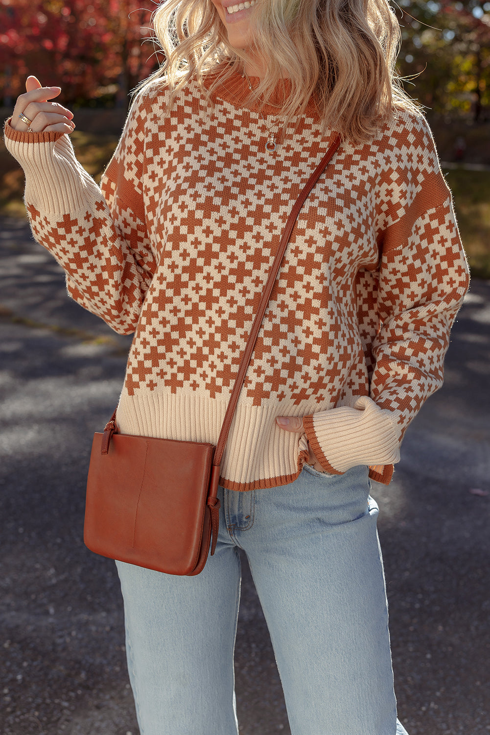 Brown Two Tone Contrast Geometric Ribbed Edge Loose Sweater