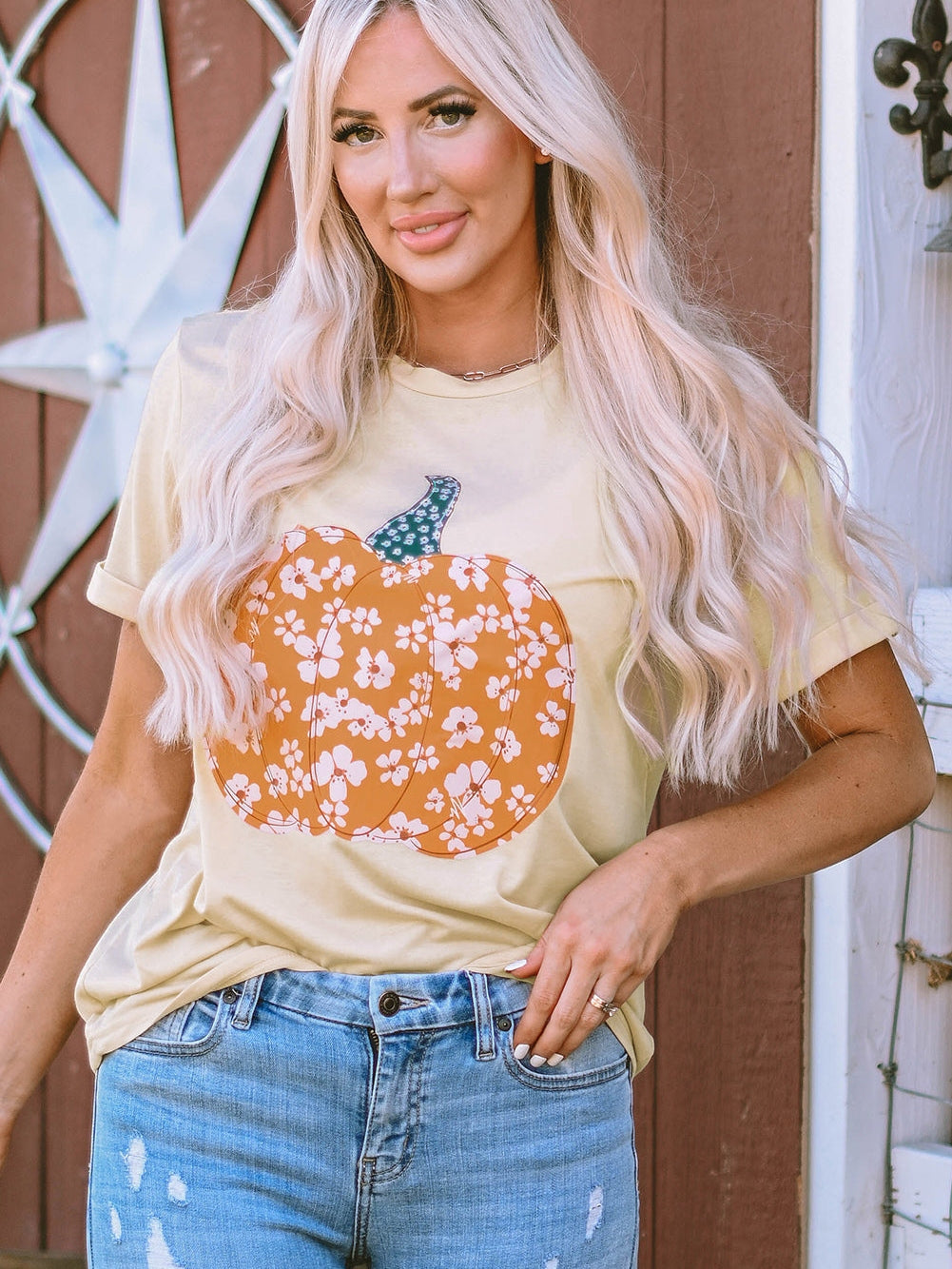Floral Pumpkin Print Khaki Graphic Tee