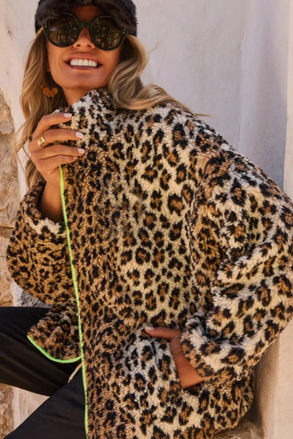 Khaki Oversized Leopard Fleece Jacket