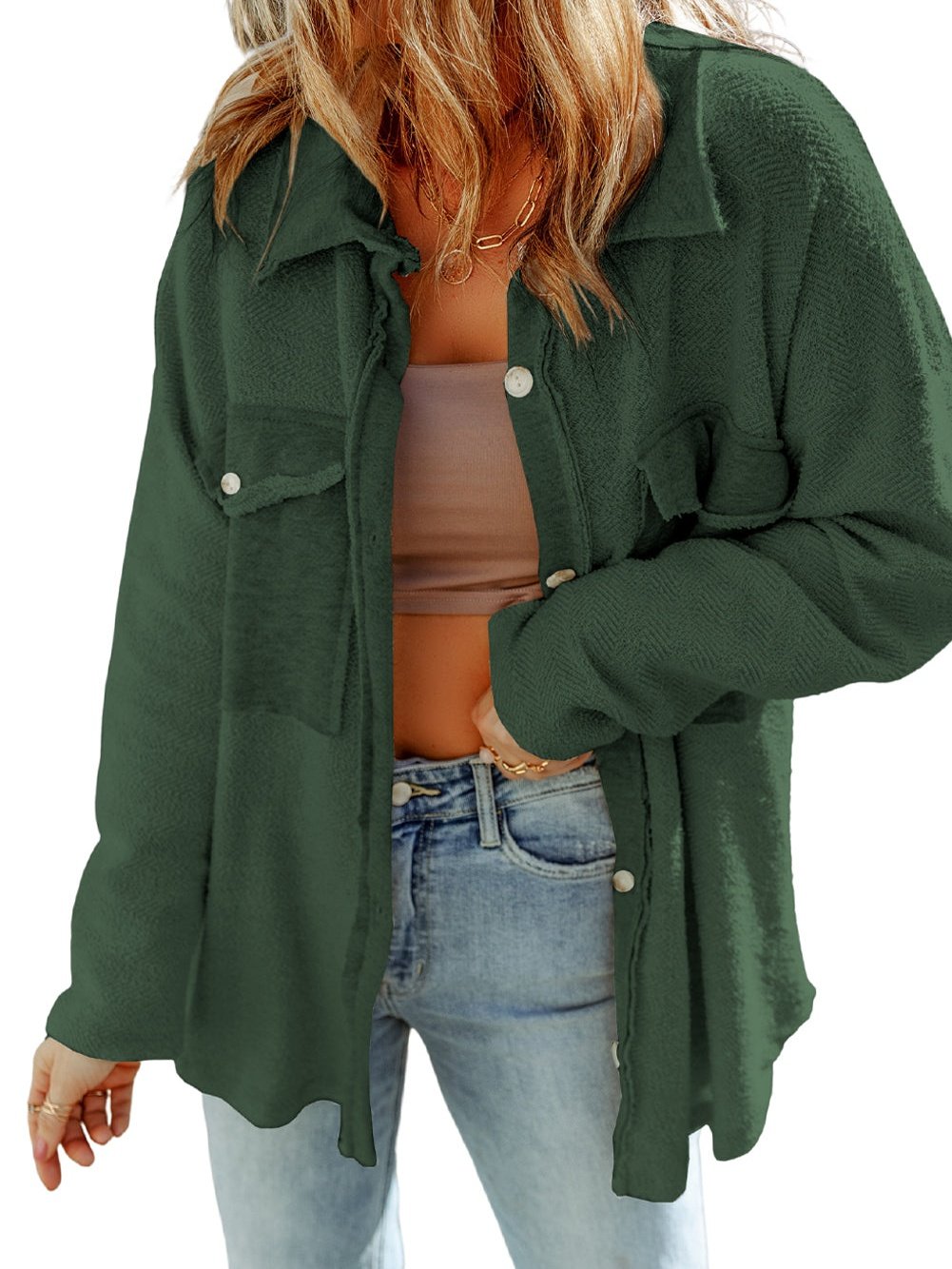Green Knit Cotton Blend Casual Shacket with Chest Pockets
