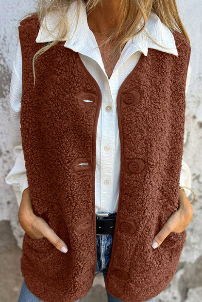 Cinnamon V Neck Button Front Plush Teddy Vest