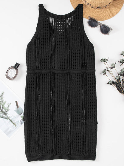 Boho Black Crochet Beach Dress with Drawstring & Hollow-out Detail