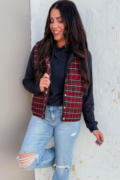 Red Retro Plaid Snap Button Zip Up Winter Vest