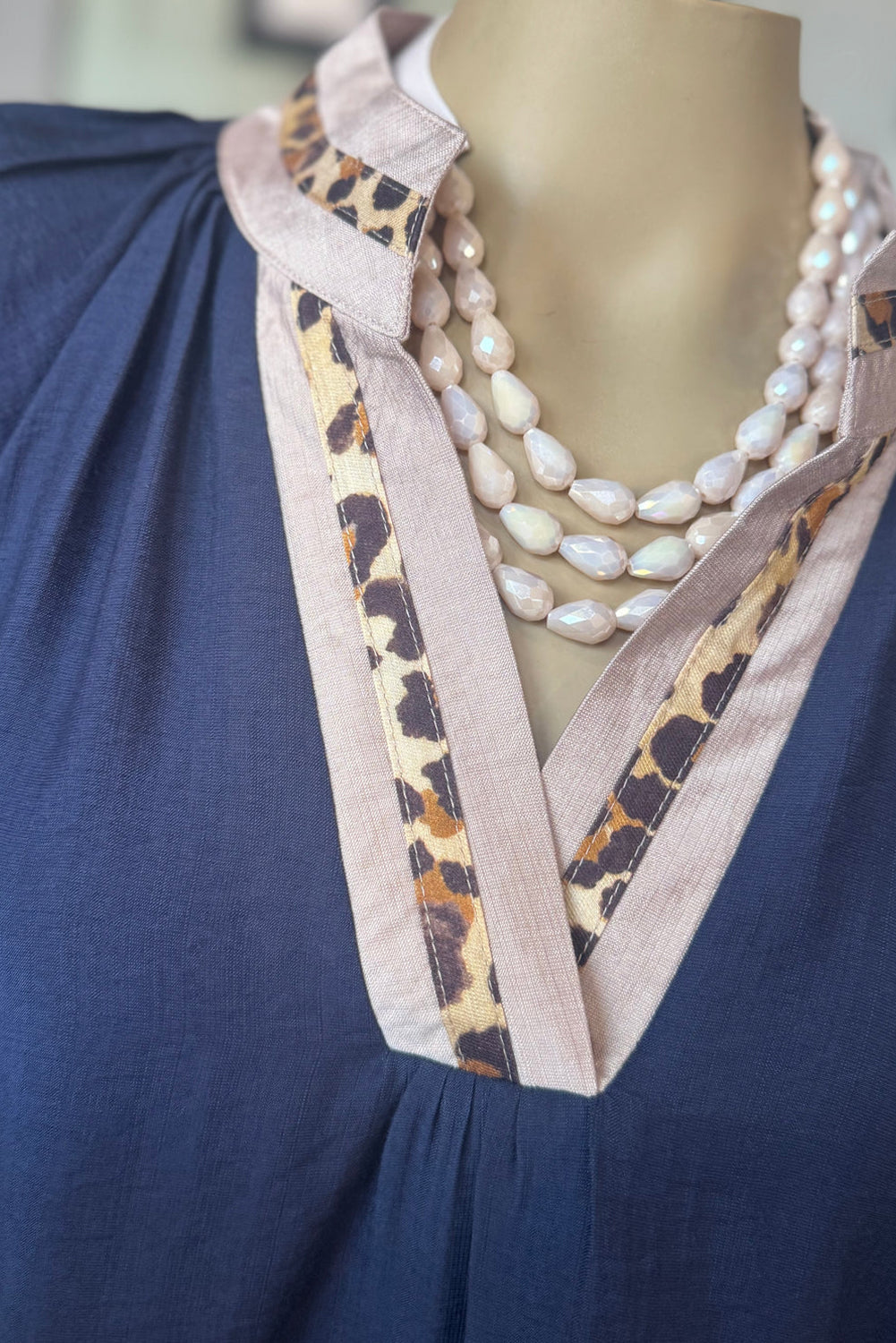 Navy Blue Contrast Leopard Patchwork Collar Plus Size Long Flounce Sleeve Blouse