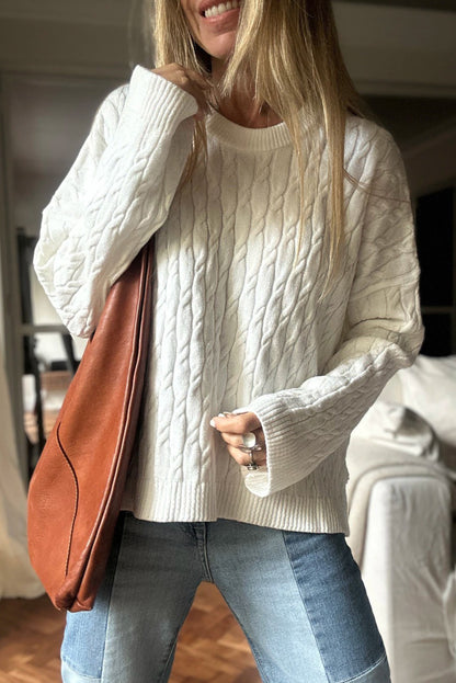 White Drop Shoulder Cable Knit Round Neck Sweater