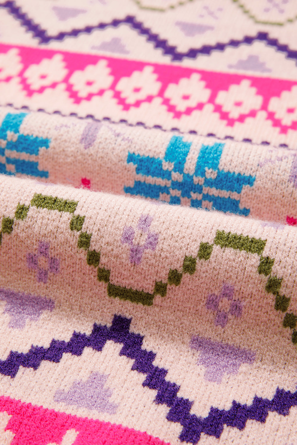 Multicolour Ethnic Christmas Pattern Knit Feather Cuffed Sweater